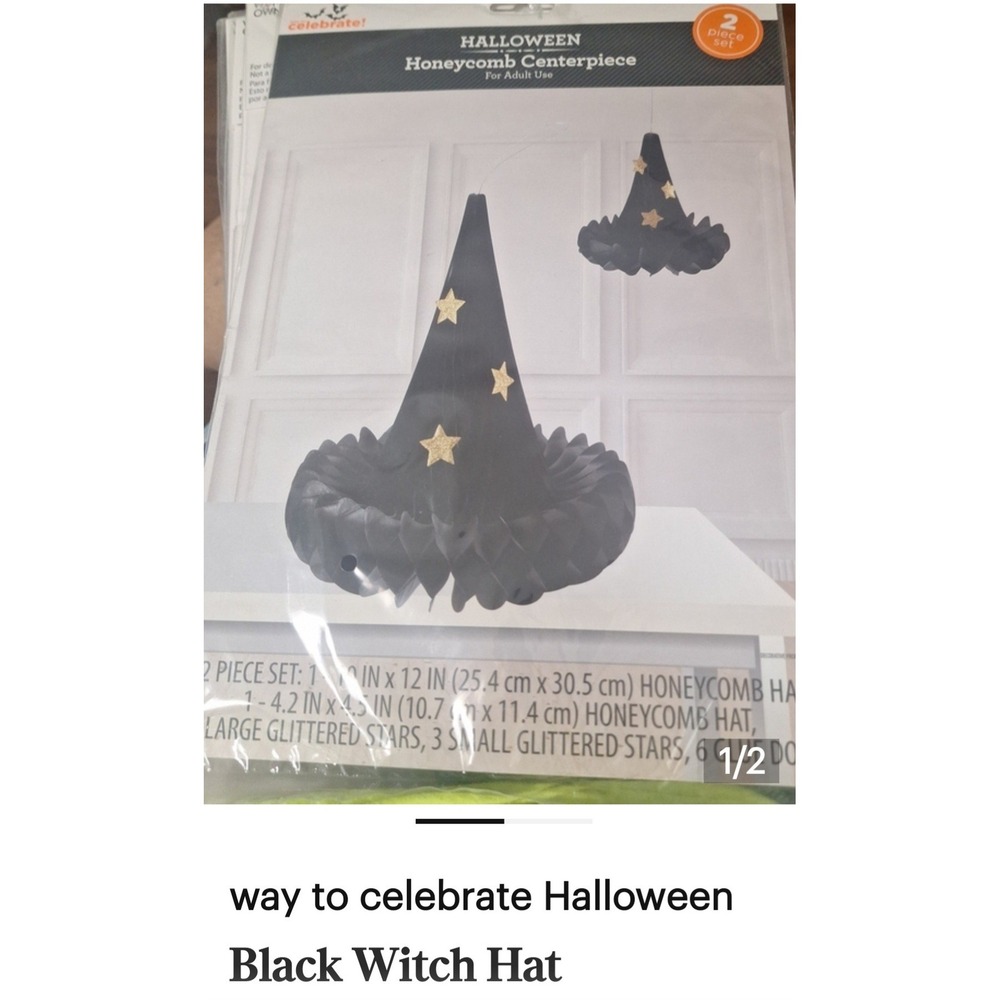 Way to Celebrate Halloween Honeycomb Centerpiece 2 Piece Black Witch Hat Set